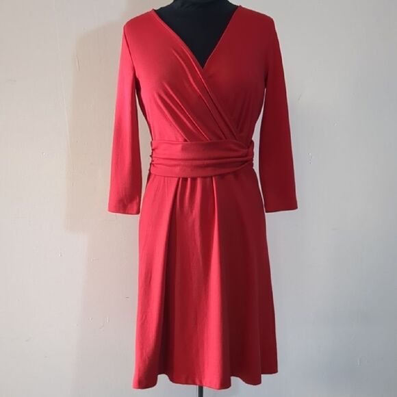 Lands End Red Wrap Midi Dress with Faux Tie Front V-Neck, Size XS - Picture 1 of 7